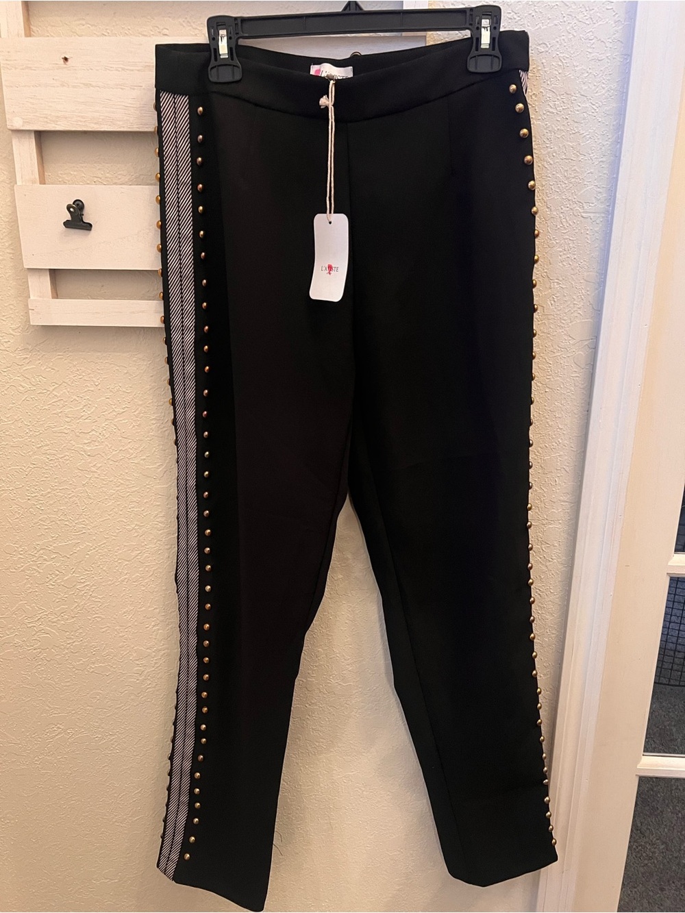 L’ATISTE by Amy Black Studded Side Stripe Pants Women’s Large NWT